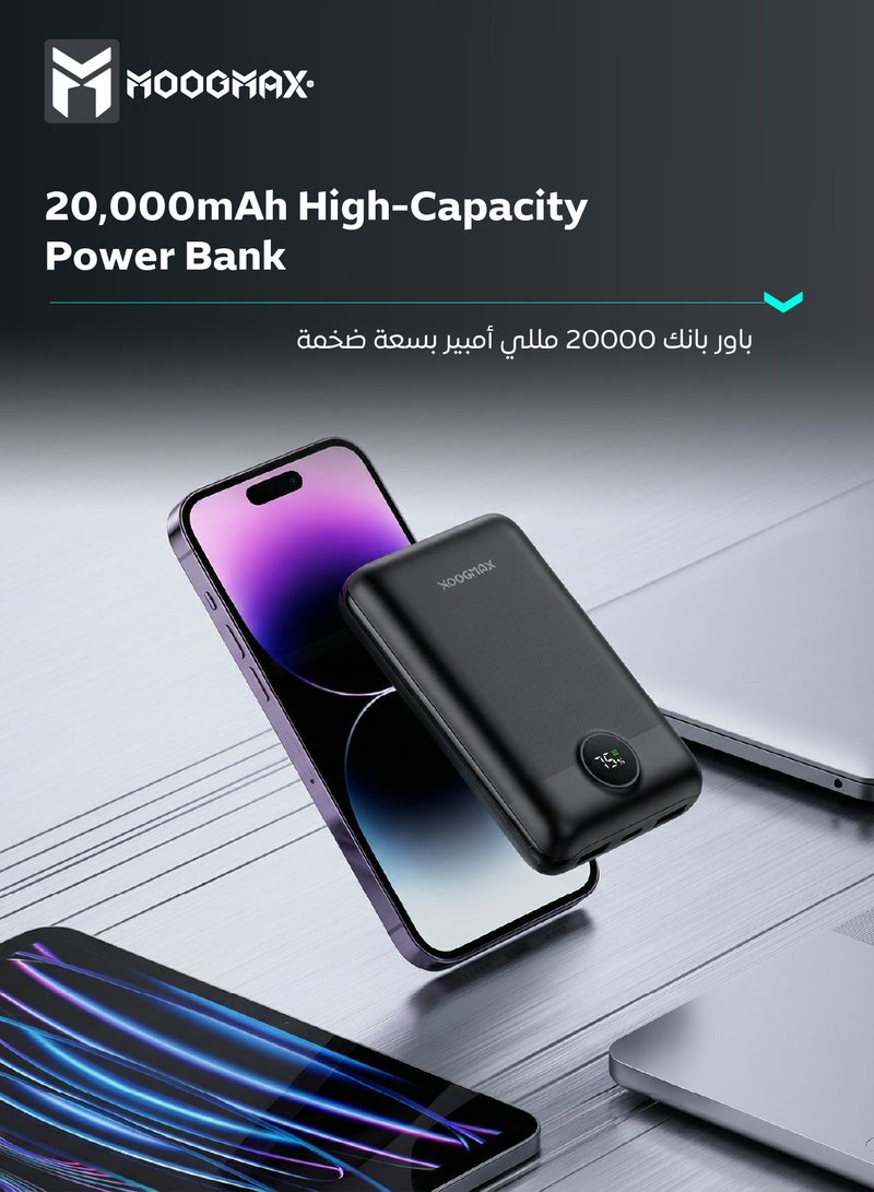 موجماكس باور بنك سوبر سمول سايز بسعة 20000mAh وقوة 45واط (موزعة على المنافذ)، يدعم الشحن السريع ,مزود بشاشة رقمية LED لمعرفة مستوى الشحن، يمكن استخدامه على الطائرات والقطارات. باللون اسود من موجماكس. - Image 4